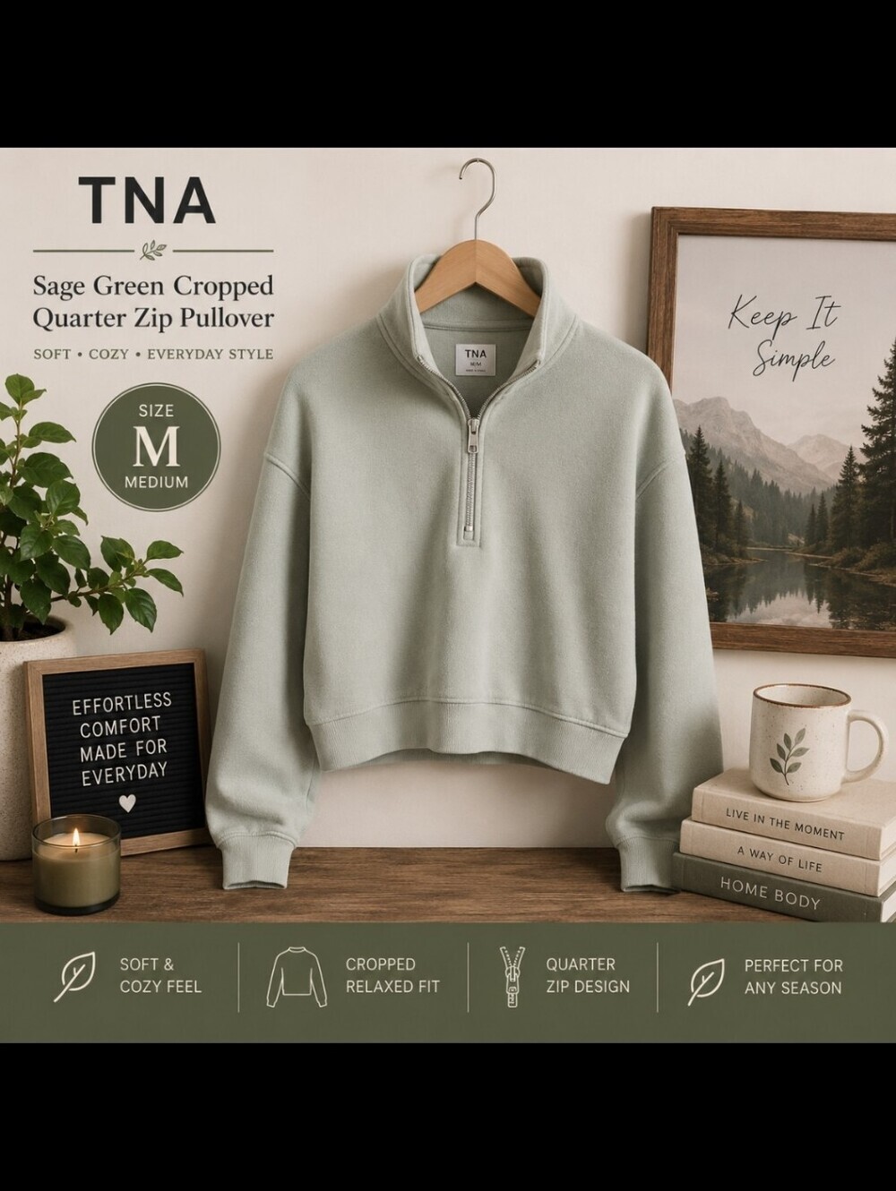TNA Sage Green Cropped Quarter Zip Pullover Sweater Size M
